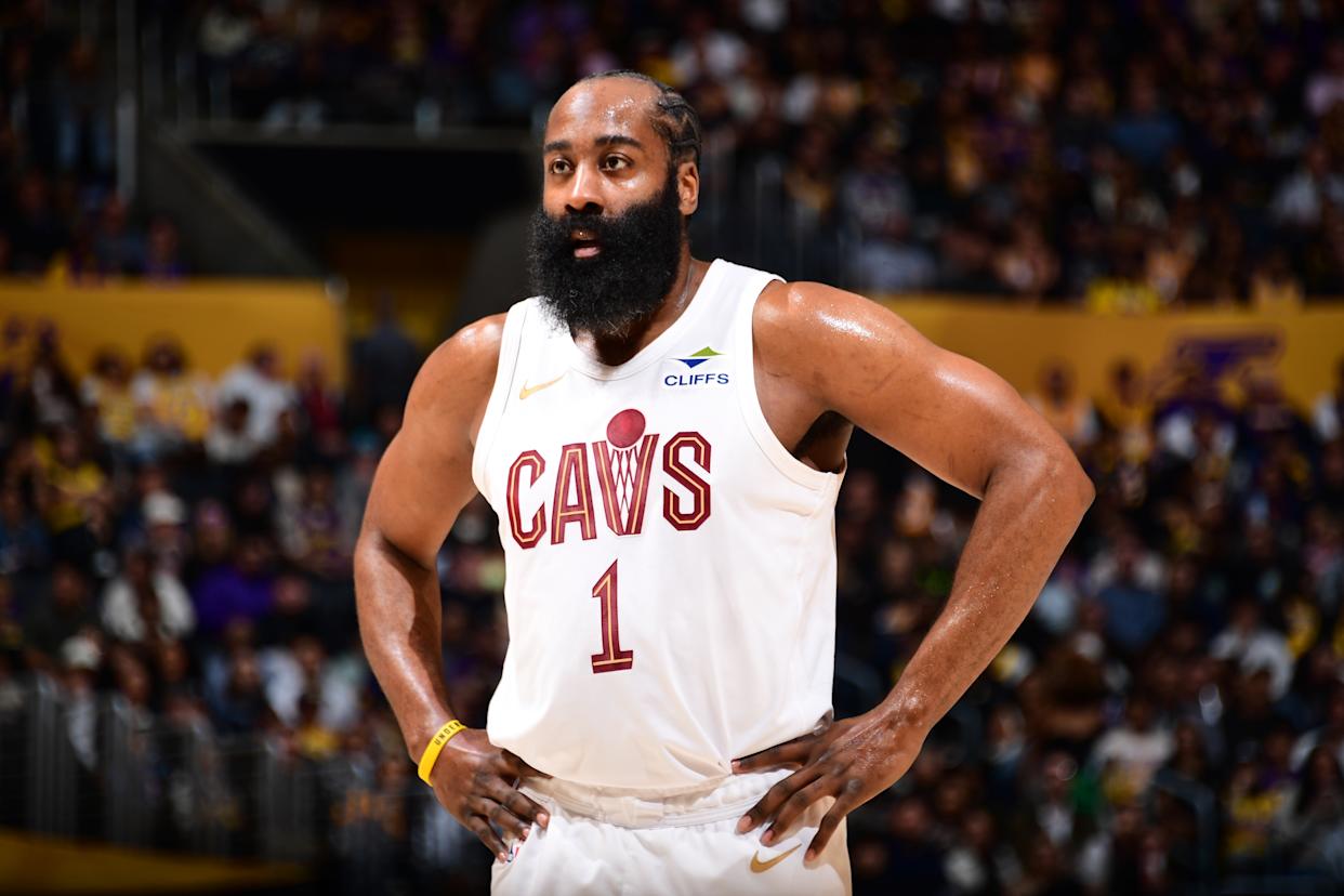 James Harden #1 of the Cleveland Cavaliers looks on during the game against the Los Angeles Lakers on March 31, 2026 at Crypto.Com Arena in Los Angeles, California.