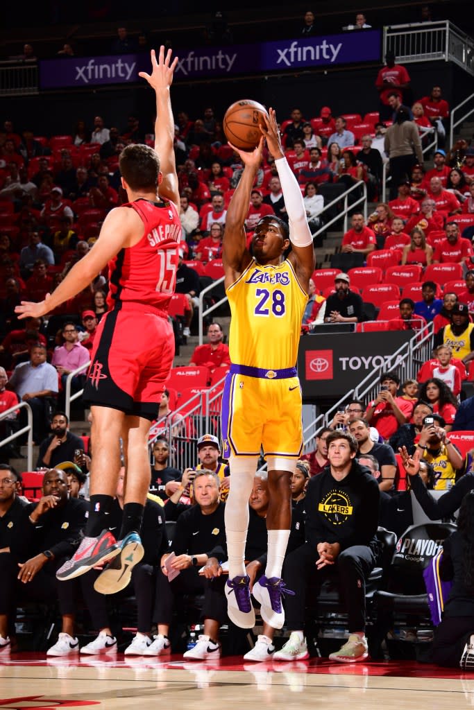 Rui Hachimura shoots a 3-point basket against the host Rockets. NBAE via Getty Images