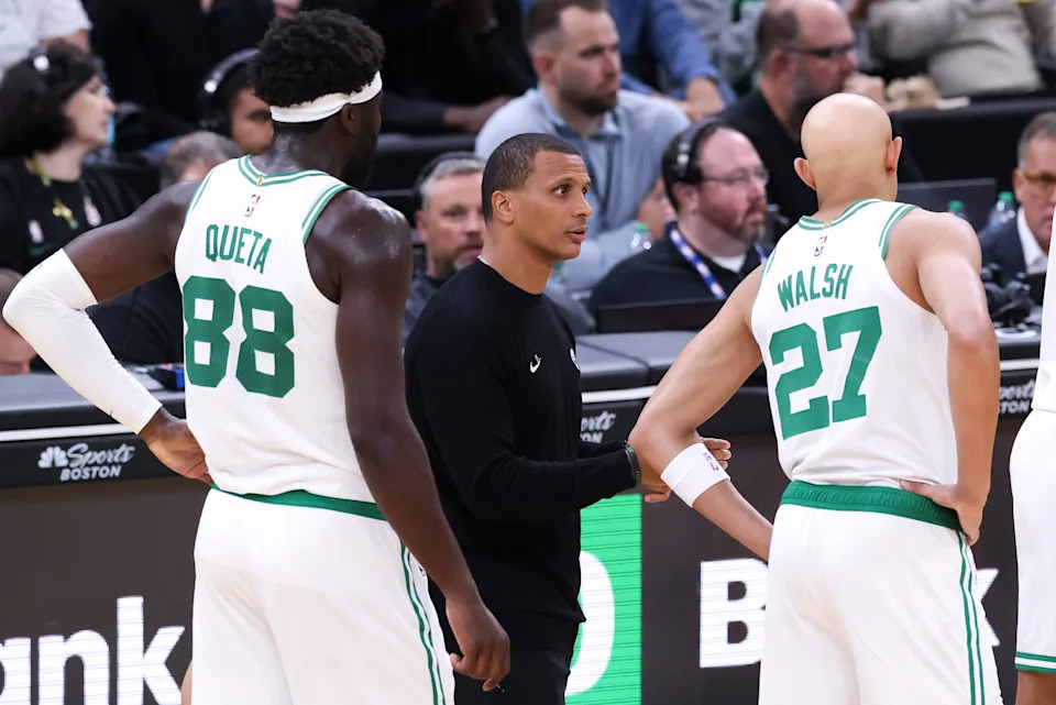 Oct 15, 2025; Boston, Massachusetts, USA; Boston Celtics head coach Joe Mazzulla reacts during the first half against the Toronto Raptors at TD Garden. Mandatory Credit: Paul Rutherford-Imagn Images