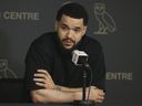Fred VanVleet speaks during Toronto Raptors season-ending locker clean outs in 2023.