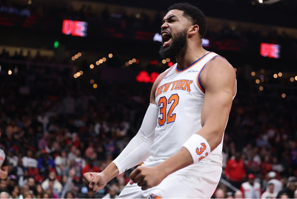 Karl-Anthony Towns celebrates during the Knicks’ win over the Hawks on April 6, 2026 in Atlanta. Getty Images