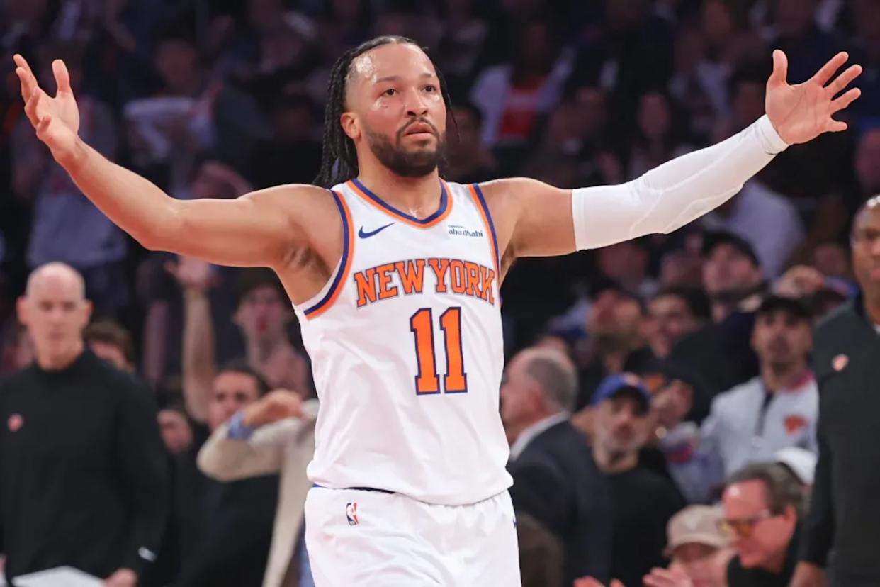 An image collage containing 1 images, Image 1 shows Jalen Brunson, who scored 28 points, reacts during his 19-point first quarter in the Knicks' 113-102 Game 1 win over the Hawks on April 18, 2026 at Madison Square Garden