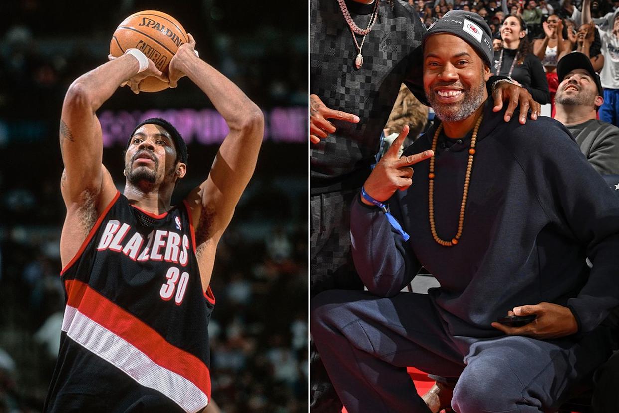 Rasheed Wallace #30 of the Portland Trail Blazers on December 22nd, 2000 in Denver, Colorado; Rasheed Wallace on October 31, 2025 at the Wells Fargo Center in Philadelphia, Pennsylvania.Credit: Brian Bahr/Getty; David Dow/NBAE via Getty