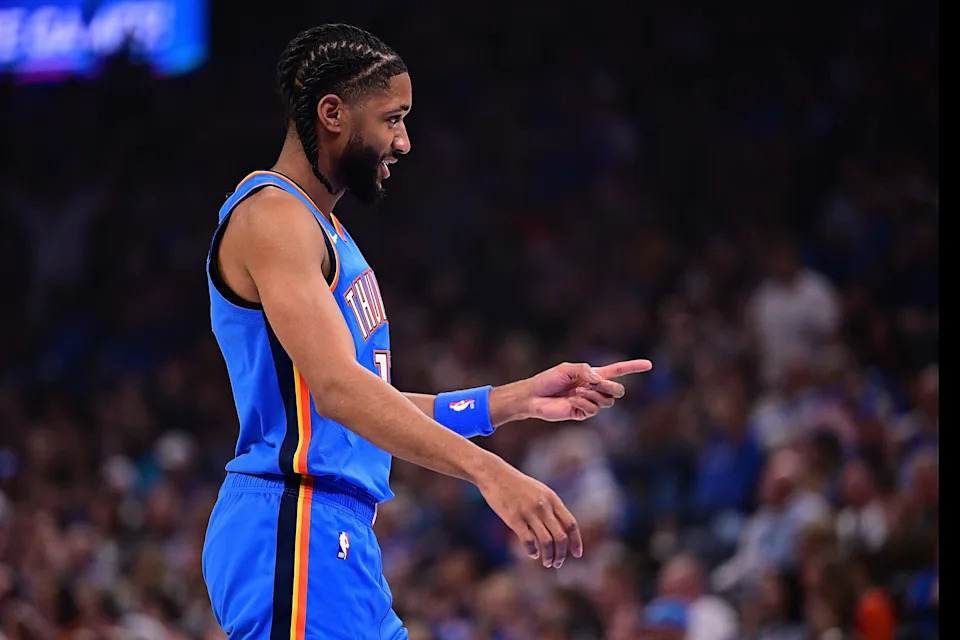 OKLAHOMA CITY, OKLAHOMA - APRIL 5: Isaiah Joe #11 of the Oklahoma City Thunder celebrates a made basket during the first half against the Utah Jazz at Paycom Center on April 5, 2026 in Oklahoma City, Oklahoma. NOTE TO USER: User expressly acknowledges and agrees that, by downloading and or using this photograph, User is consenting to the terms and conditions of the Getty Images License Agreement. (Photo by Joshua Gateley/Getty Images)