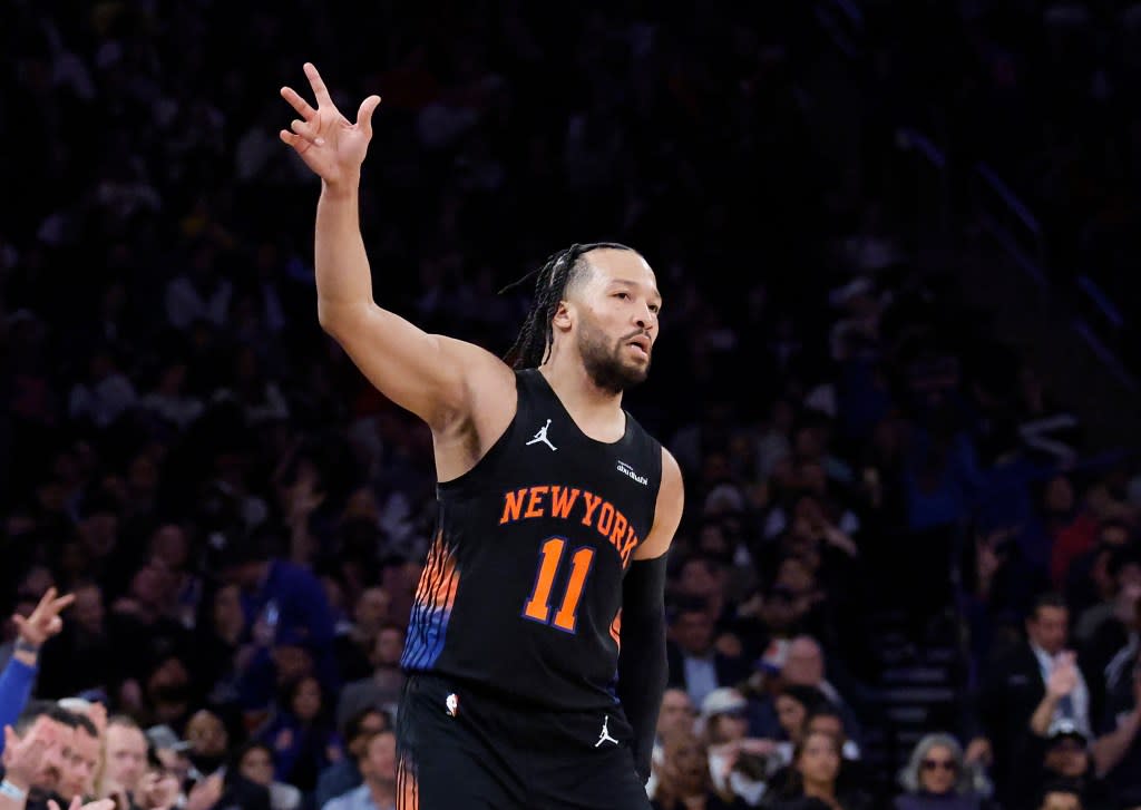 Jalen Brunson reacts after hitting a 3-point shot during the second quarter in a game against the Toronto Raptors at Madison Square Garden on April 10, 2026. JASON SZENES FOR THE NEW YORK POST