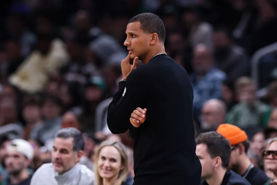 Oct 15, 2025; Boston, Massachusetts, USA; Boston Celtics head coach Joe Mazzulla during the first half against the Toronto Raptors at TD Garden. Mandatory Credit: Paul Rutherford-Imagn Images