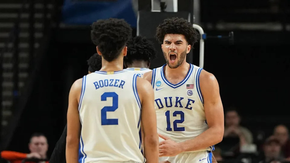 Duke Blue Devils forward Cameron Boozer (12) reacts with guard Cayden Boozer (2) in the second half during a second round game of the men's 2026 NCAA Tournament.Bob Donnan-Imagn Images