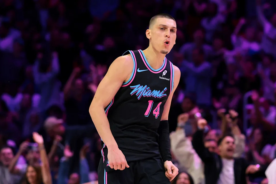 Mar 30, 2026; Miami, Florida, USA; Miami Heat guard Tyler Herro (14) reacts after scoring against the Philadelphia 76ers during the fourth quarter at Kaseya Center. Mandatory Credit: Sam Navarro-Imagn Images