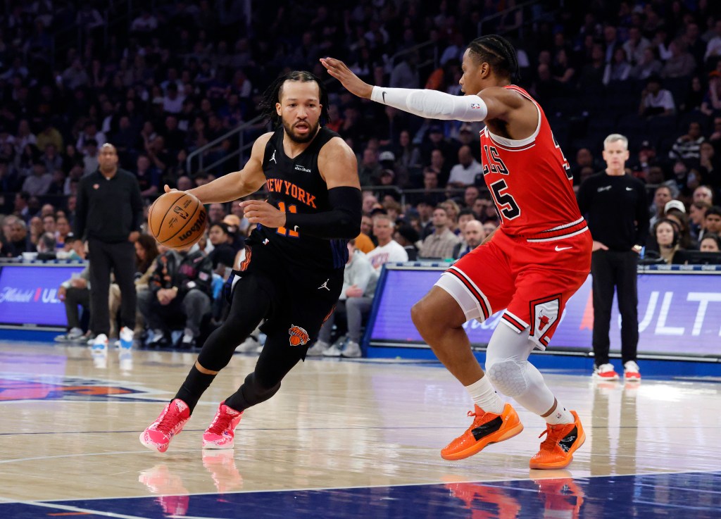 Guard Jalen Brunson #11 of the New York Knicks drives down court as forward Isaac Okoro #35 of the Chicago Bulls defends during the first half at Madison Square Garden, Friday April 3rd, 2026, in New York, NY.