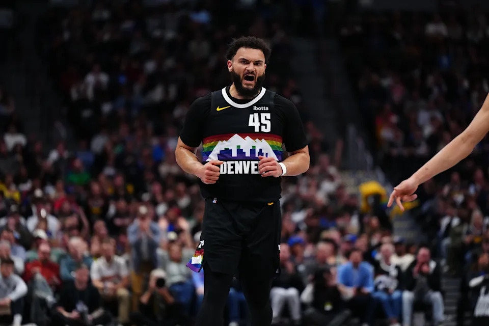 Apr 10, 2026; Denver, Colorado, USA; Denver Nuggets forward David Roddy (45) reacts to a play in the second half against the Oklahoma City Thunder at Ball Arena. Mandatory Credit: Ron Chenoy-Imagn Images