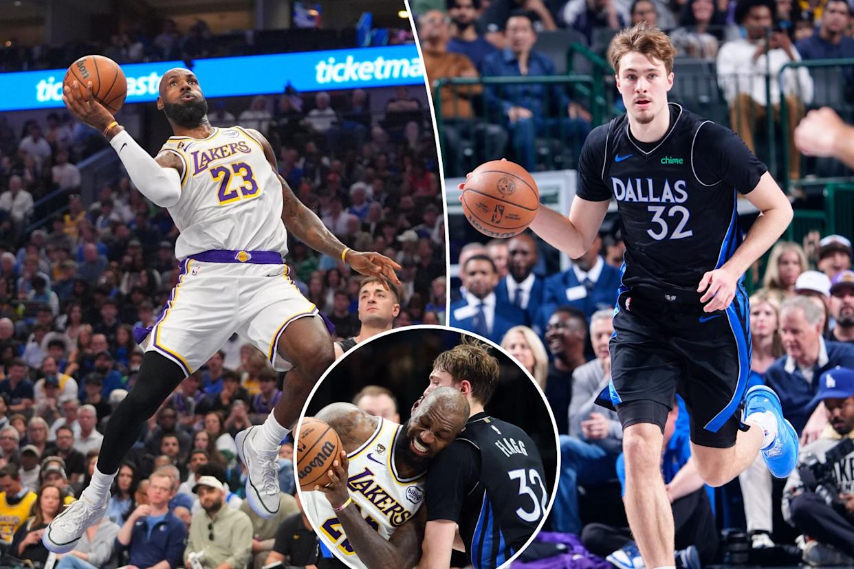 An image collage containing 3 images, Image 1 shows LeBron James drives to the basket against the Dallas Mavericks, Image 2 shows Cooper Flagg of the Dallas Mavericks dribbles the ball, Image 3 shows LeBron James driving to the basket with Cooper Flagg defending
