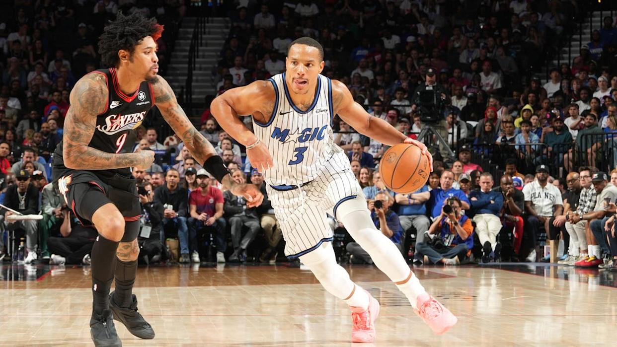 <div>PHILADELPHIA, PA - APRIL 15: Desmond Bane #3 of the Orlando Magic dribbles the ball during the game against the Philadelphia 76ers during the SoFi Play-In Tournament on April 15, 2026 at the Wells Fargo Center in Philadelphia, Pennsylvania. Photo by Jesse D. Garrabrant/NBAE via Getty Images)</div>