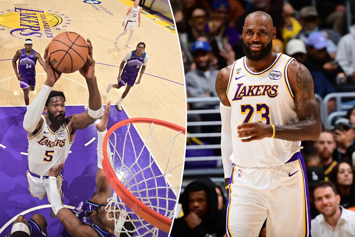 An image collage containing 2 images, Image 1 shows A Lakers player wearing jersey number 5 dunks a basketball over a Jazz player wearing jersey number 5, as other players watch, Image 2 shows LeBron James smiling in his Lakers uniform