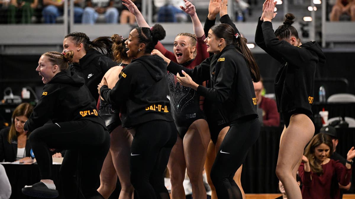 Apr 16, 2026; Fort Worth, TX, USA; The Minnesota team celebrates during semifinals for the 2026 NCAA Women’s Gymnastics National Championships at Dickies Arena.Jerome Miron-Imagn Images