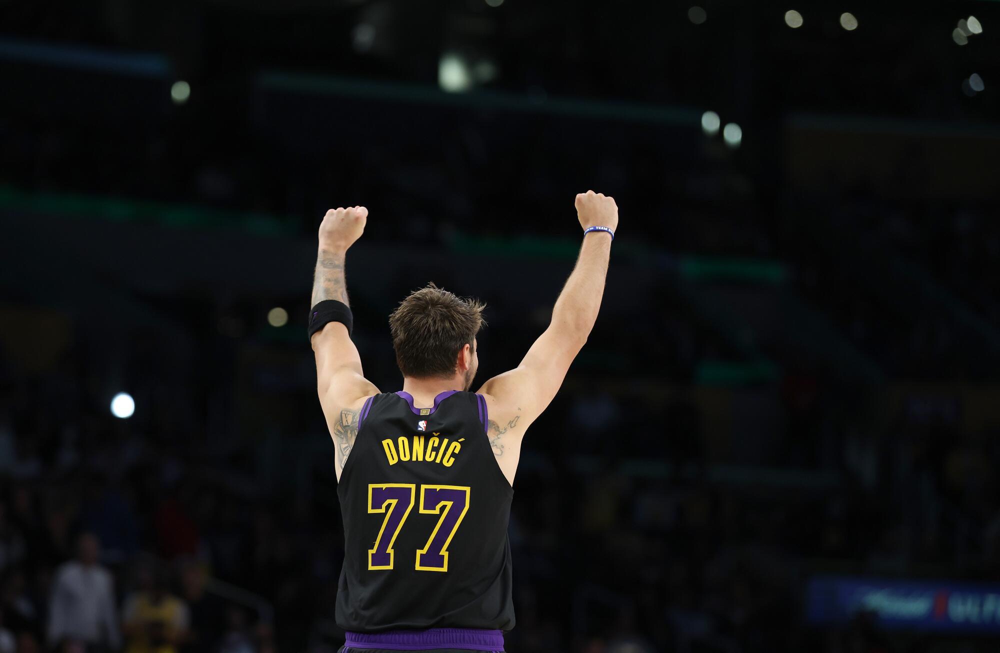 Lakers star Luka Doncic celebrates during the second half of a 127-113 win.