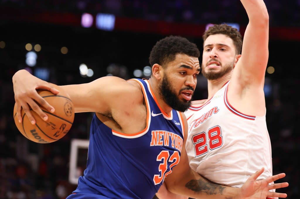 Karl-Anthony Towns, who scored 22 points, drives on Alperen Sengun. Getty Images
