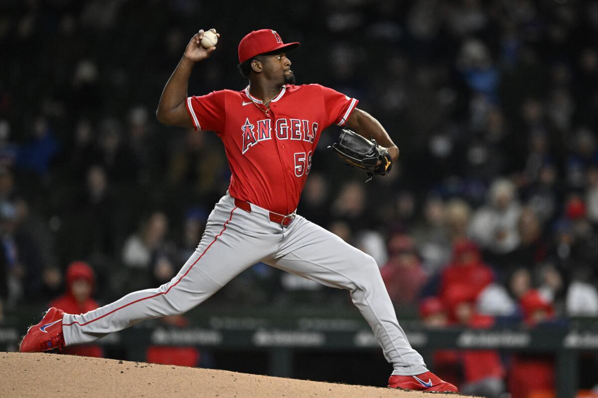 Angels starter José Soriano delivers in the fourth inning of a 2-0 win over the Chicago Cubs at Wrigley Field.