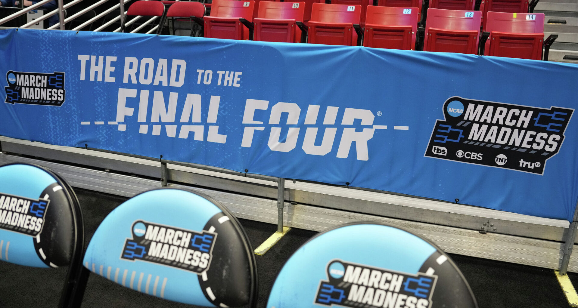 SAN DIEGO, CA - MARCH 22: The Road to the Final Four banner is shown behind a team bench before the second round game of the 2026 NCAA Men's Basketball Tournament between the St. John's Red Storm the Kansas Jayhawks at Viejas Arena at San Diego State University on March 22, 2026 in San Diego, California. (Photo by Mitchell Layton/Getty Images)