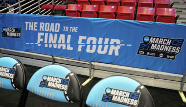 SAN DIEGO, CA - MARCH 22: The Road to the Final Four banner is shown behind a team bench before the second round game of the 2026 NCAA Men's Basketball Tournament between the St. John's Red Storm the Kansas Jayhawks at Viejas Arena at San Diego State University on March 22, 2026 in San Diego, California. (Photo by Mitchell Layton/Getty Images)