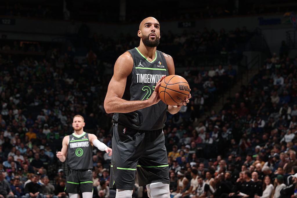 MINNEAPOLIS, MN - JANUARY 26: Rudy Gobert #27 of the Minnesota Timberwolves shoots a free throw during the game against the Golden State Warriors on January 26, 2026 at Target Center in Minneapolis, Minnesota. NOTE TO USER: User expressly acknowledges and agrees that, by downloading and or using this Photograph, user is consenting to the terms and conditions of the Getty Images License Agreement. Mandatory Copyright Notice: Copyright 2026 NBAE (Photo by David Sherman/NBAE via Getty Images)