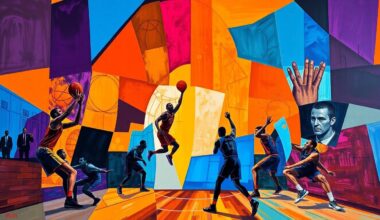 A fractured, cubist-style painting depicting the dynamic action of a basketball game, with the players