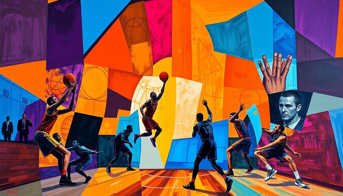 A fractured, cubist-style painting depicting the dynamic action of a basketball game, with the players