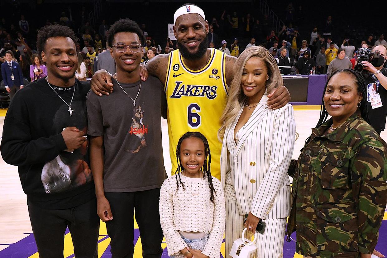 LeBron James #6 of the Los Angeles Lakers poses with his family in February 2023.Credit: Harry How/Getty