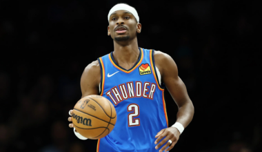 Shai Gilgeous-Alexander driving to the basket during Thunder game as his MVP case strengthens late in the 2026 NBA season