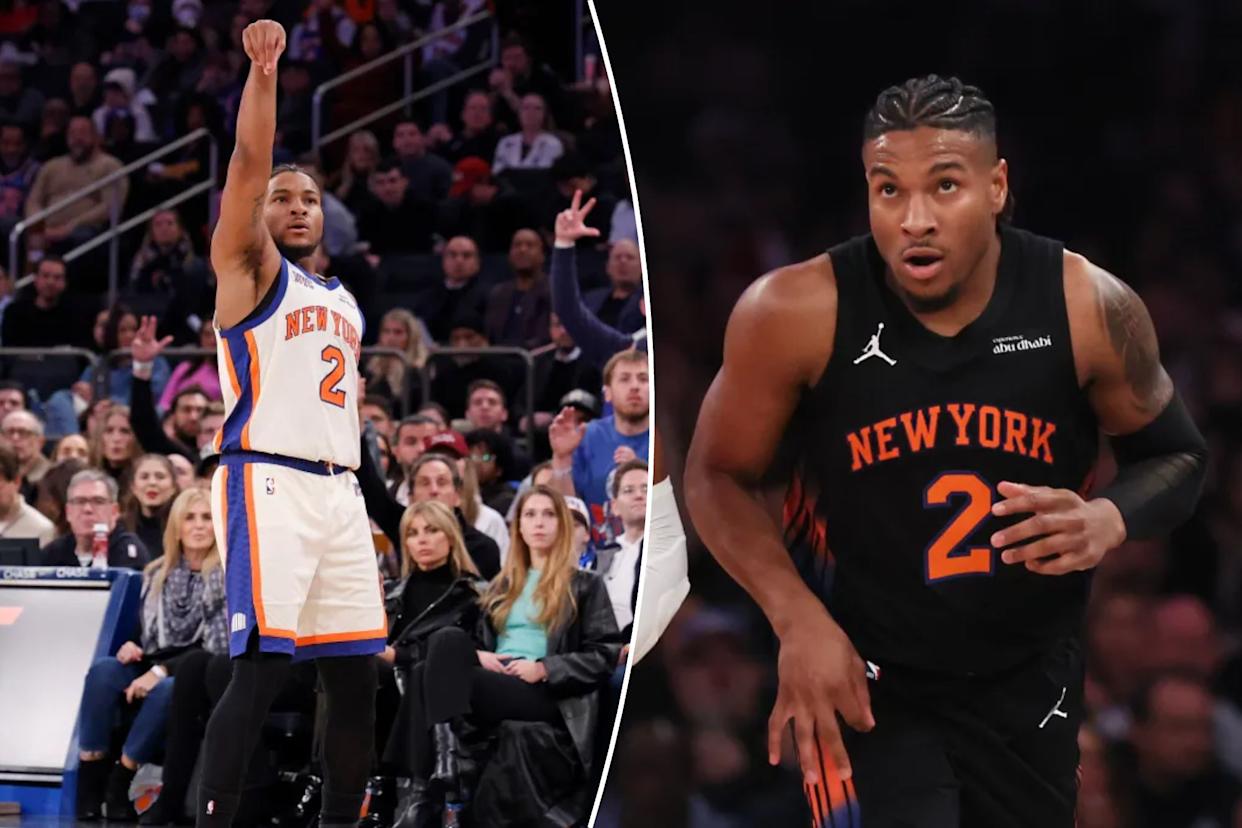An image collage containing 2 images, Image 1 shows New York Knicks guard Miles McBride (2) watches his jump shot alongside Phoenix Suns guard Collin Gillespie (12), Image 2 shows Miles McBride of the New York Knicks (right) and a Chicago Bulls player (left) on the court during an NBA game