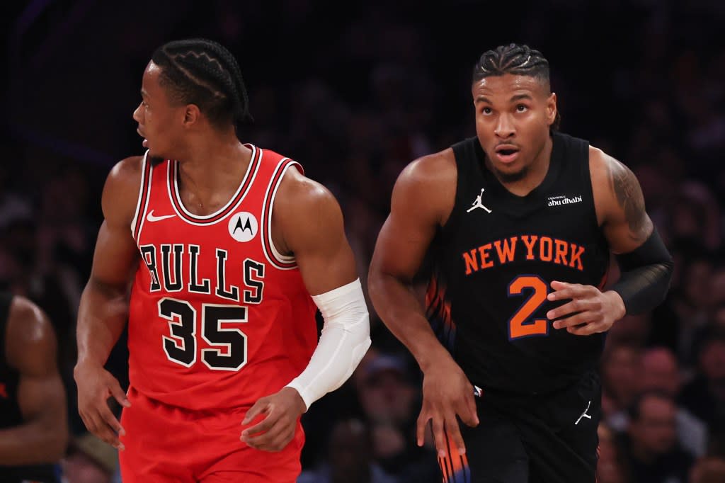 New York Knicks guard Miles McBride (2) gestures after scoring during the first half of an NBA basketball game against the Chicago Bulls, Friday, April 3, 2026, in New York. AP