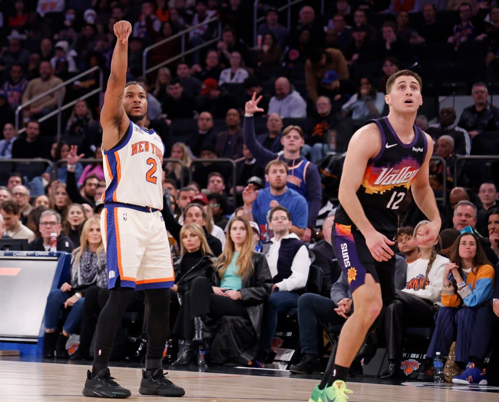 New York Knicks guard Miles McBride (2) watches his jump shot along side Phoenix Suns guard Collin Gillespie (12) during the second half when the New York Knicks played the Phoenix Suns Saturday, January 17, 2026 at Madison Square Garden in Manhattan, NY. Robert Sabo for NY Post