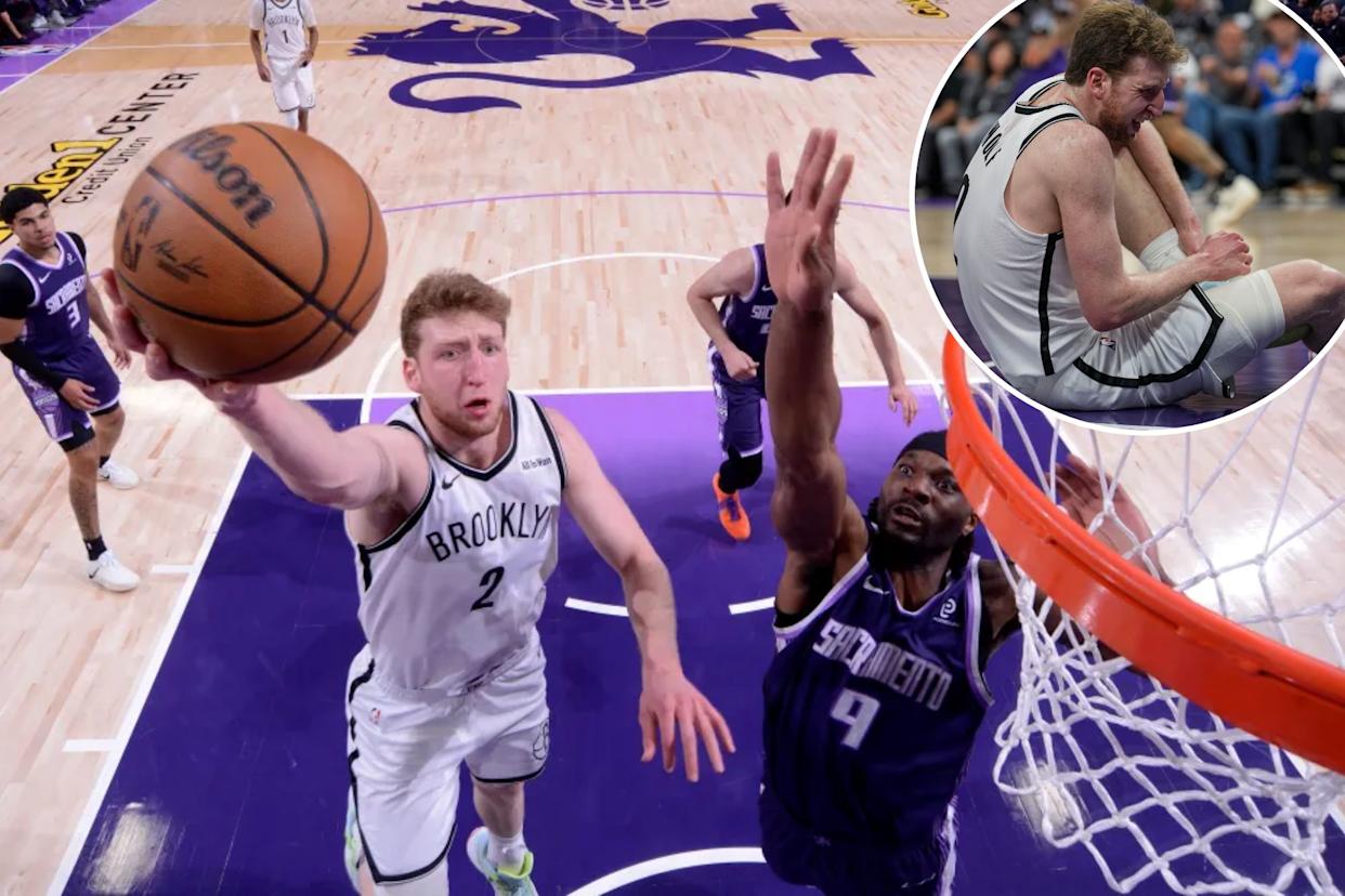 An image collage containing 2 images, Image 1 shows Danny Wolf of the Brooklyn Nets driving to the basket during a game against the Sacramento Kings, Image 2 shows Brooklyn Nets forward Danny Wolf grabs his ankle in pain on the court