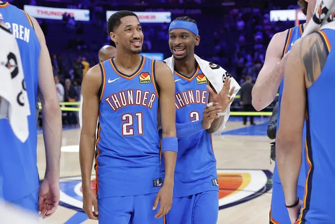Apr 5, 2026; Oklahoma City, Oklahoma, USA; Oklahoma City Thunder guard Aaron Wiggins (21) and Oklahoma City Thunder guard Shai Gilgeous-Alexander (2) laugh after a game against the Utah Jazz at Paycom Center.