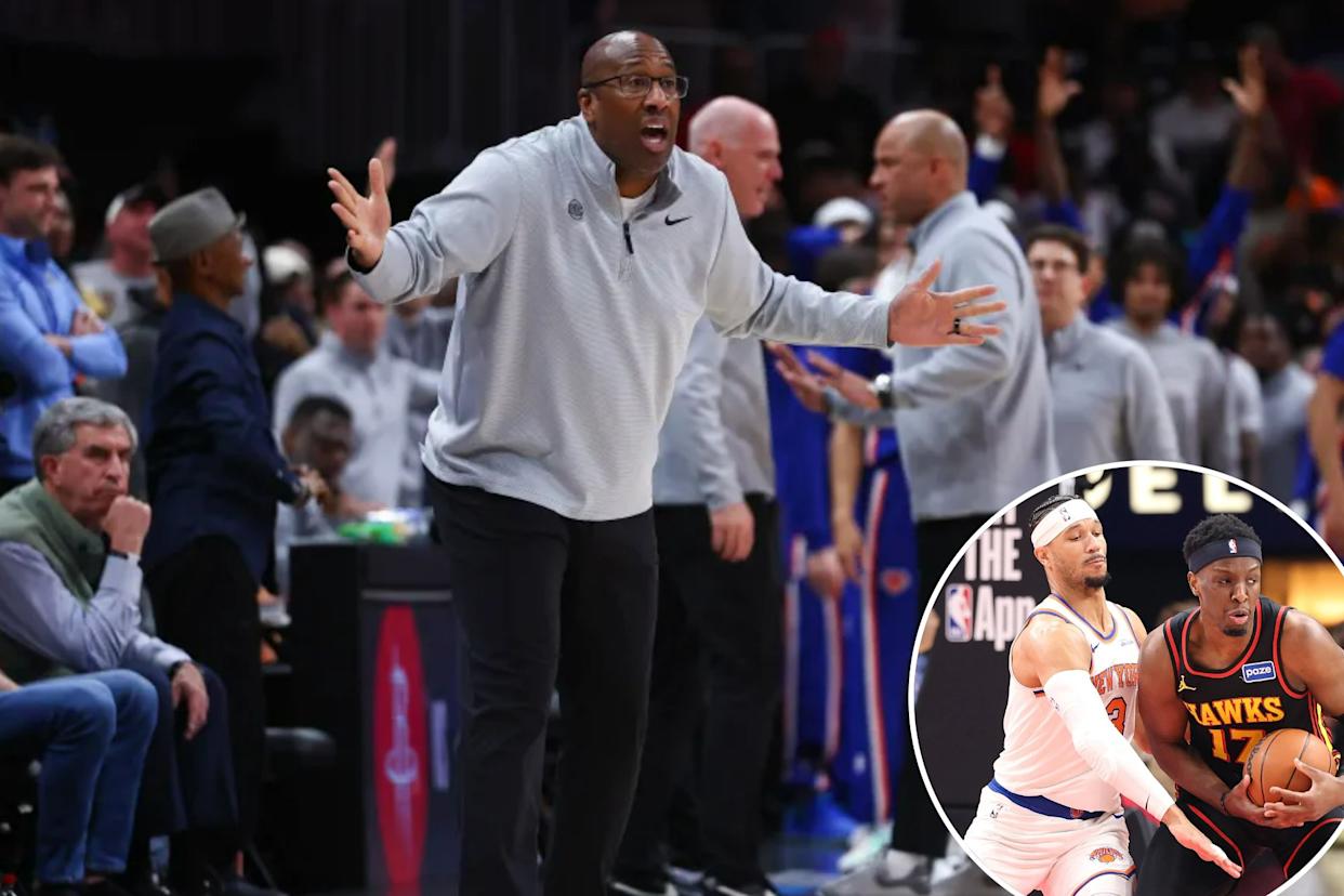 An image collage containing 2 images, Image 1 shows Knicks head coach Mike Brown reacts during the second half of an NBA basketball game against the Atlanta Hawks, Monday, April 6, 2026, Image 2 shows Onyeka Okongwu of the Atlanta Hawks drives past Josh Hart and Og Anunoby of the New York Knicks