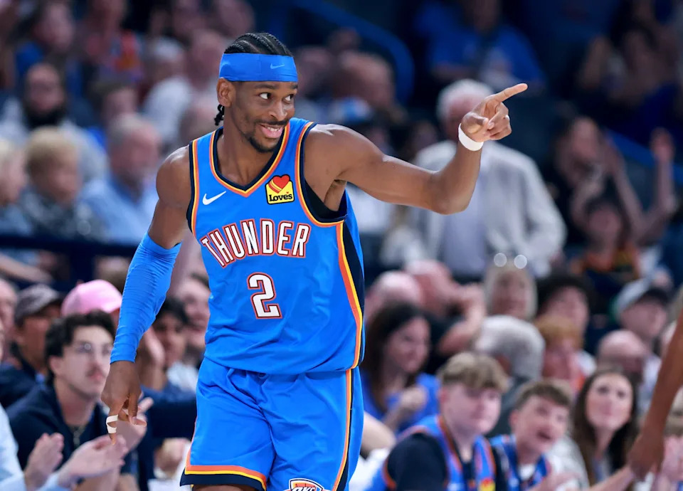 Oklahoma City 's Shai Gilgeous-Alexander (2) reacts after a 3-point basket during the NBA basketball game between the Oklahoma City Thunder and the Utah Jazz at Paycom Center in Oklahoma City, Sunday April 5, 2026.