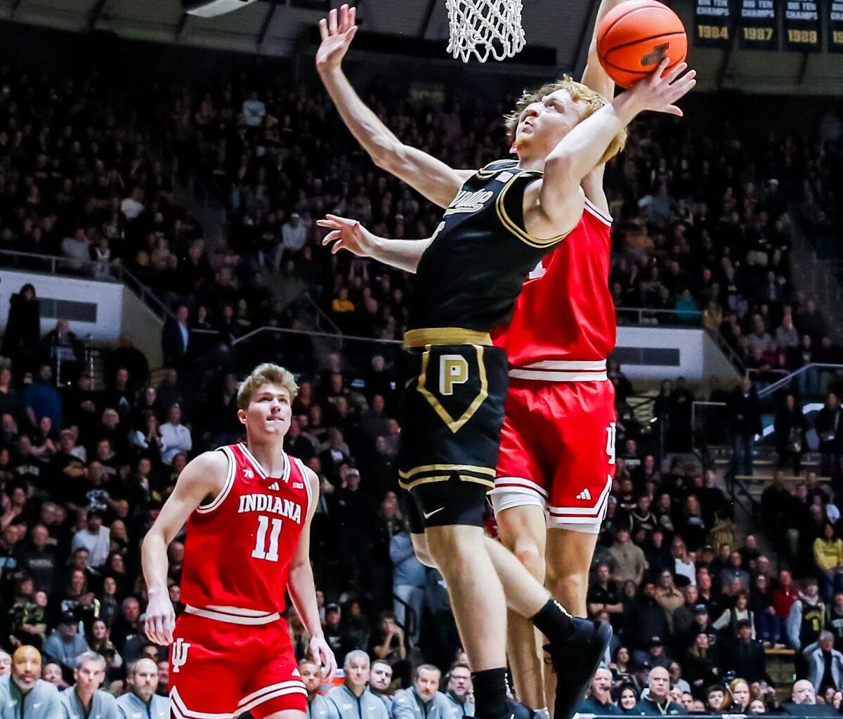Aaron Fine finishes a layup in the final minute of the game during the second half of Purdue's game against IU on Feb. 20, 2026 at Mackey Arena in West Lafayette, IN.