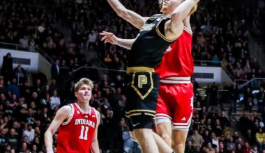 Aaron Fine finishes a layup in the final minute of the game during the second half of Purdue's game against IU on Feb. 20, 2026 at Mackey Arena in West Lafayette, IN.