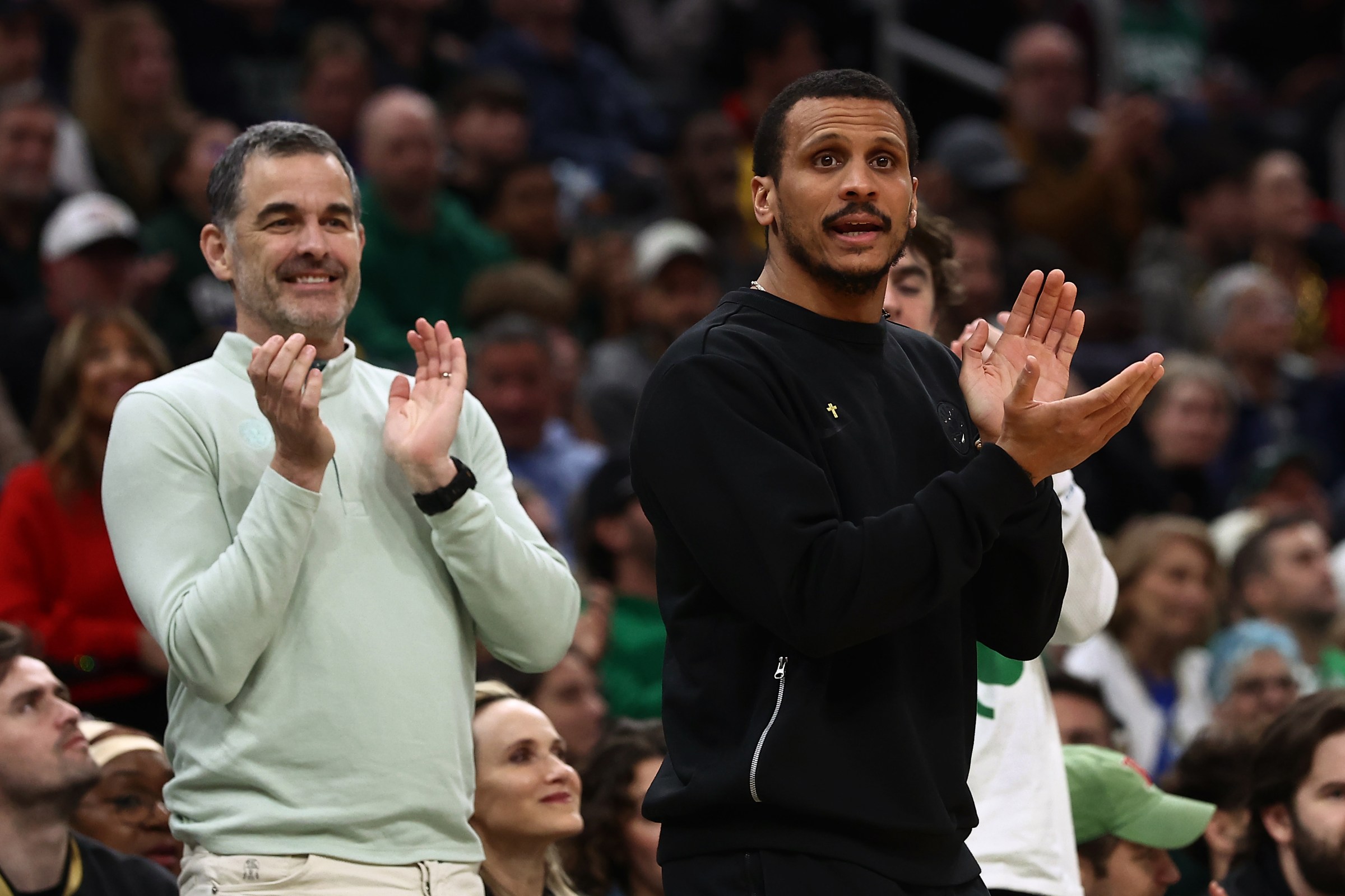 BOSTON, MA - MARCH 18: Head coach Joe Mazzulla of the Boston Celtics aplauds his team along with owner Bill Chisholm during the second half of their win over the Golden State Warriors at TD Garden on March 18, 2026 in Boston, Massachusetts. NOTE TO USER: User expressly acknowledges and agrees that, by downloading and/or using this Photograph, user is consenting to the terms and conditions of the Getty Images License Agreement. (Photo By Winslow Townson/Getty Images)