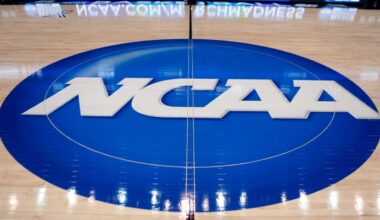 The NCAA logo on a basketball court. (Keith Srakocic/AP)