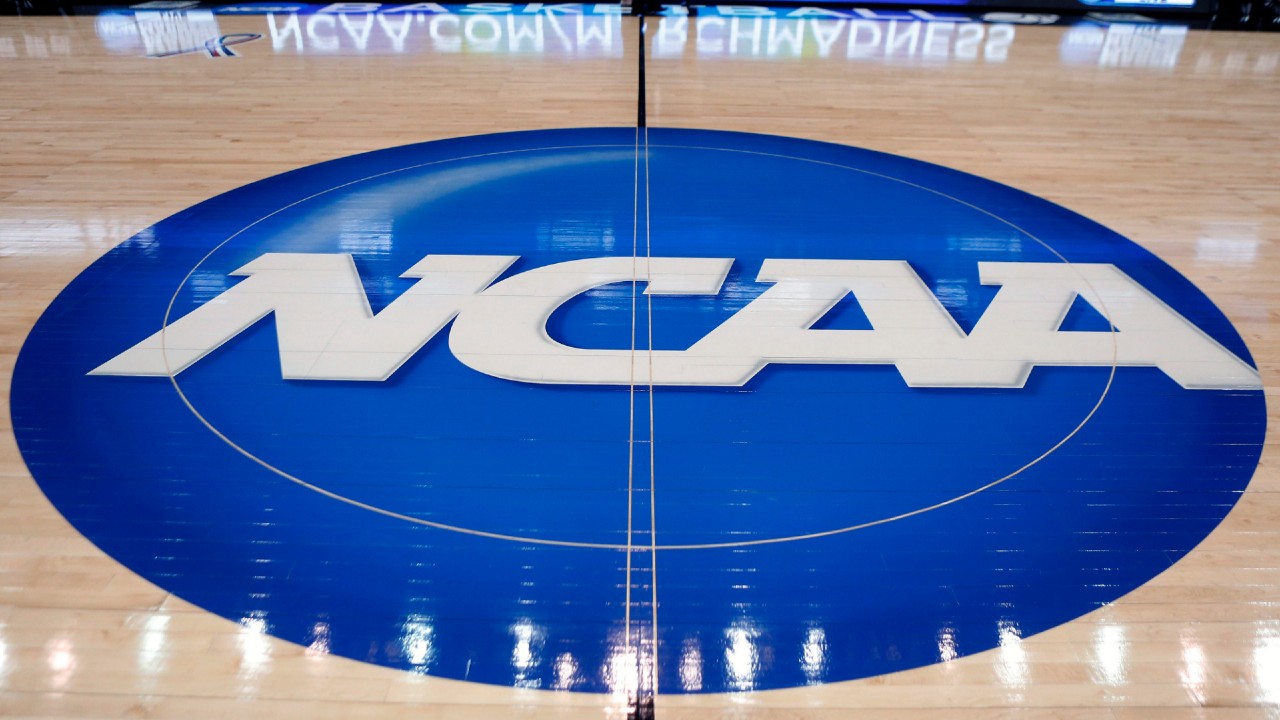 The NCAA logo on a basketball court. (Keith Srakocic/AP)