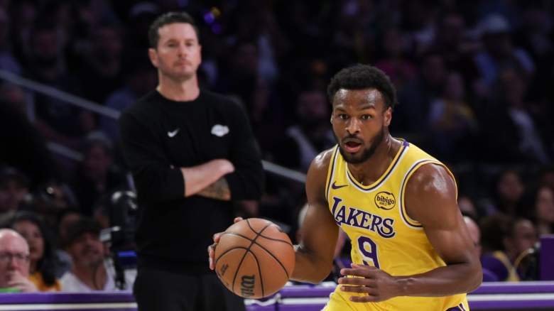 Los Angeles Lakers guard Bronny James brings the ball up court