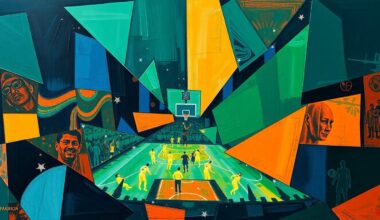 A fractured, abstract painting depicting a basketball game or match, with sharp, overlapping geometric shapes in vibrant colors representing the dynamic energy and shifting perspectives of the sport.