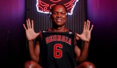 Georgia assistant coach Jonas Hayes and forward Yante Maten (1) during the Bulldogs' game against the Florida Gators in Stegeman Coliseum on Tuesday, Jan. 30, 2018 in Athens, Gal (Photo by John Kelley/UGA)Georgia 72  -  Florida 60