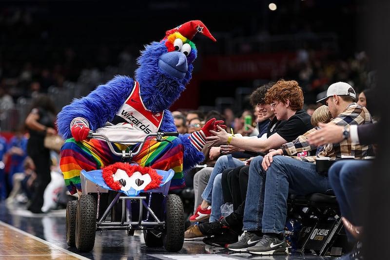 The Washington Wizards mascot interacts with fans during the second half of the game between the Washington Wizards and the Indiana Pacers at Capital One Arena on March 27, 2025.