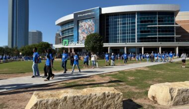 Fans cheer on the Thunder during game one of NBA playoffs