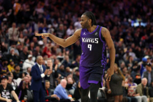 SACRAMENTO, CALIFORNIA - JANUARY 12: Precious Achiuwa #9 of the Sacramento Kings reacts after he made a basket against the Los Angeles Lakers in the fourth quarter at Golden 1 Center on January 12, 2026 in Sacramento, California. NOTE TO USER: User expressly acknowledges and agrees that, by downloading and/or using this photograph, user is consenting to the terms and conditions of the Getty Images License Agreement. (Photo by Ezra Shaw/Getty Images)