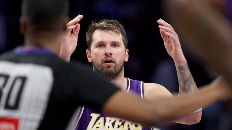 Lakers guard Luka Doncic reacts to a referee's call