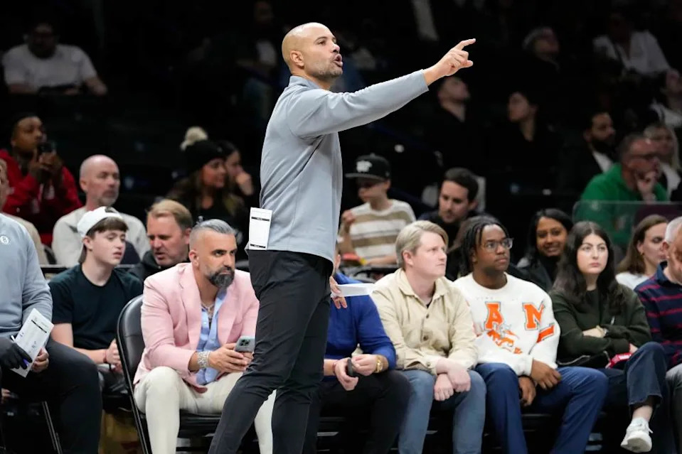 Jordi Fernandez, center, gestures during the second half of an NBA basketball game against Indiana Pacers, Thursday, April 9, 2026, in New York. AP
