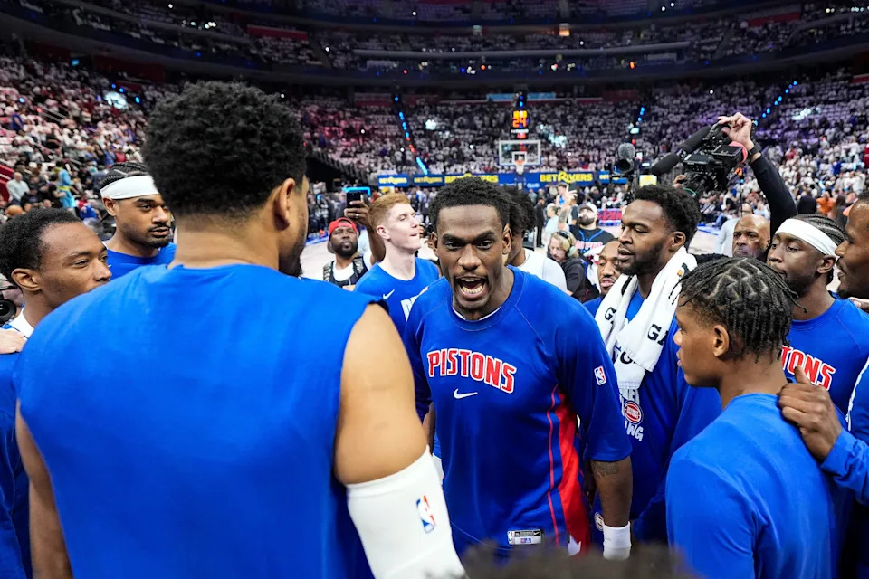 Detroit Pistons center Jalen Duren (0) cheers up teammates before tipoff against Orlando Magic at Game 2 of the first round of the NBA playoffs at Little Caesars Arena in Detroit on Wednesday, April 22, 2026.