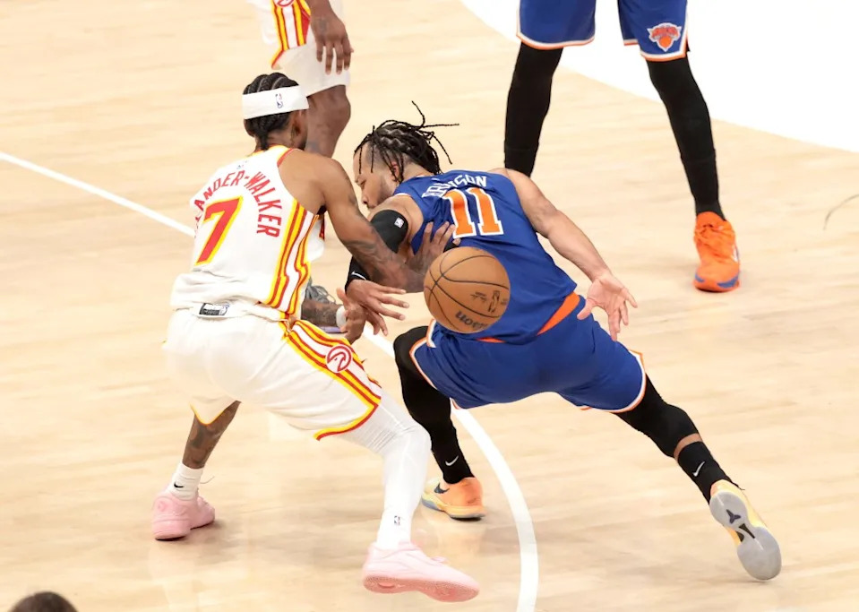 New York Knicks guard Jalen Brunson (11) looses the ball to Atlanta Hawks guard <a class="link " href="https://sports.yahoo.com/nba/players/6205/" data-i13n="sec:content-canvas;subsec:anchor_text;elm:context_link" data-ylk="slk:Nickeil Alexander-Walker;sec:content-canvas;subsec:anchor_text;elm:context_link;itc:0" data-yga="{"yLinkElement":"context_link","yModuleName":"content-canvas","yLinkText":"Nickeil Alexander-Walker","ySubModuleName":"anchor_text","yHasCommerce":false}">Nickeil Alexander-Walker</a> (7) during the fourth quarter on April 23, 2026. Charles Wenzelberg / New York Post
